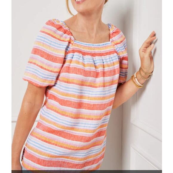 TALBOTS Square Neck 100% Linen Top Palm Stripe Short Sleeve Women's Size XL - Picture 1 of 8